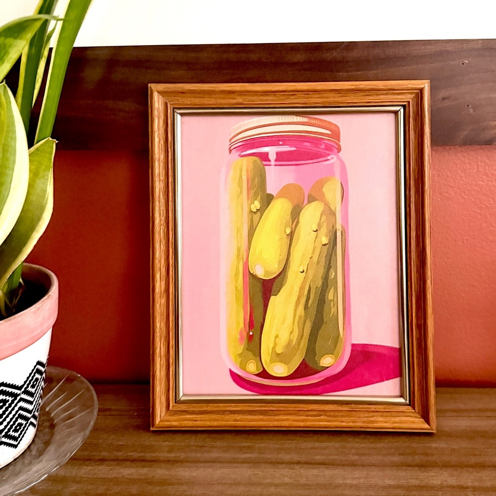 Pickle Jar Whimsical Pink Canvas Art Print Wood Gold Vintage Framed Wall Art